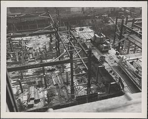 Construction of Boylston Building, Boston Public Library, oblique view of framing