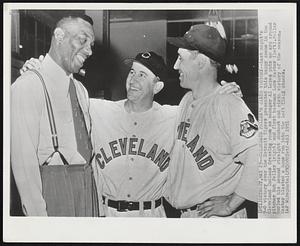 Celebrate Feller's Sixth Victory--Last night's 9-0 victory over the Detroit Tigers presented this happy scene in the Cleveland Indians dressing room as manager Al Lopez puts an arm around pitcher Bob Feller (right) and first baseman Luke Easter (left). Feller hurled his second straight shutout and sixth victory of the season. Easter blasted a home run into the left field stands.
