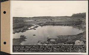 Contract No. 80, High Level Distribution Reservoir, Weston, looking west from Sta. 23+/-, dam 1, showing swamp 3, and general conditions in the reservoir, high level distribution reservoir, Weston, Mass., May 29, 1940