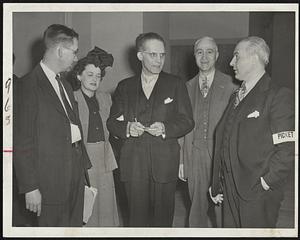 Providence Teachers Plan Strike Strategy--Walter Brownsward (left) president of the 600 striking members of the Providence Teachers Alliance, AFL, confers on picket plans for the strike affecting 30,000 pupils with Ethel Reily, teacher; Richard Bailey, senior vice-president of the Alliance; Edward S. A. Altieri, publicity chief, and Joseph A. Lorenzo.