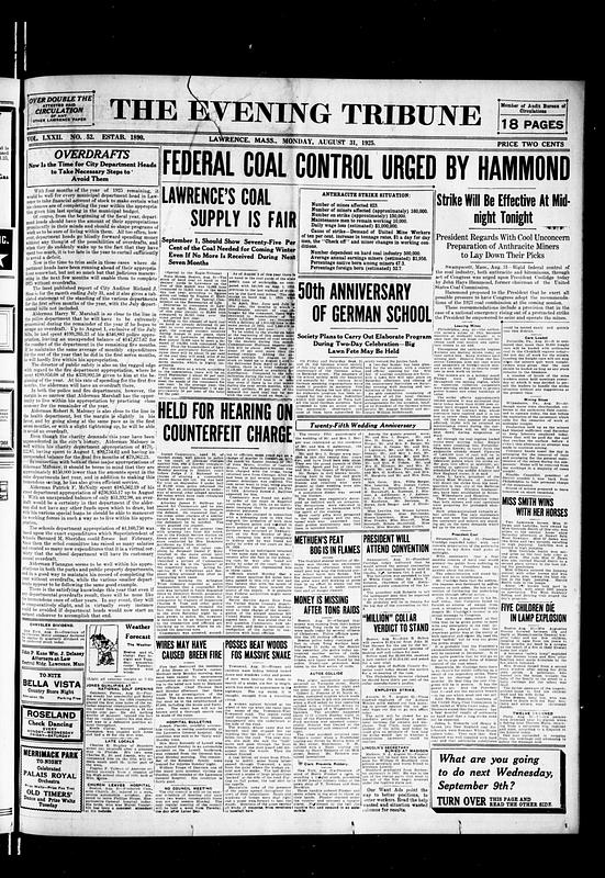 The Evening Tribune. August 31, 1925 - Digital Commonwealth