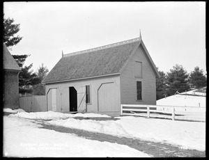 Sudbury Department, Lake Cochituate, Foreman's House, outbuildings (carriage house and shed), from the southeast, in driveway, Natick, Mass., Feb. 14, 1898