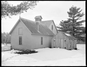 Sudbury Department, Lake Cochituate, Foreman's House, outbuildings (carriage house, barn and shed; hay tools), from the east near pond, Natick, Mass., Feb. 14, 1898