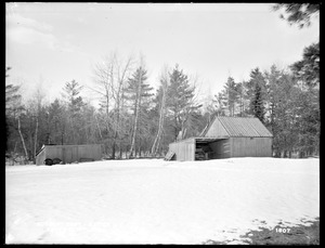 Sudbury Department, Lake Cochituate, Foreman's House, outbuildings (storehouses; engine, pump, and pipes), back of barn, from east near barn, Natick, Mass., Feb. 14, 1898