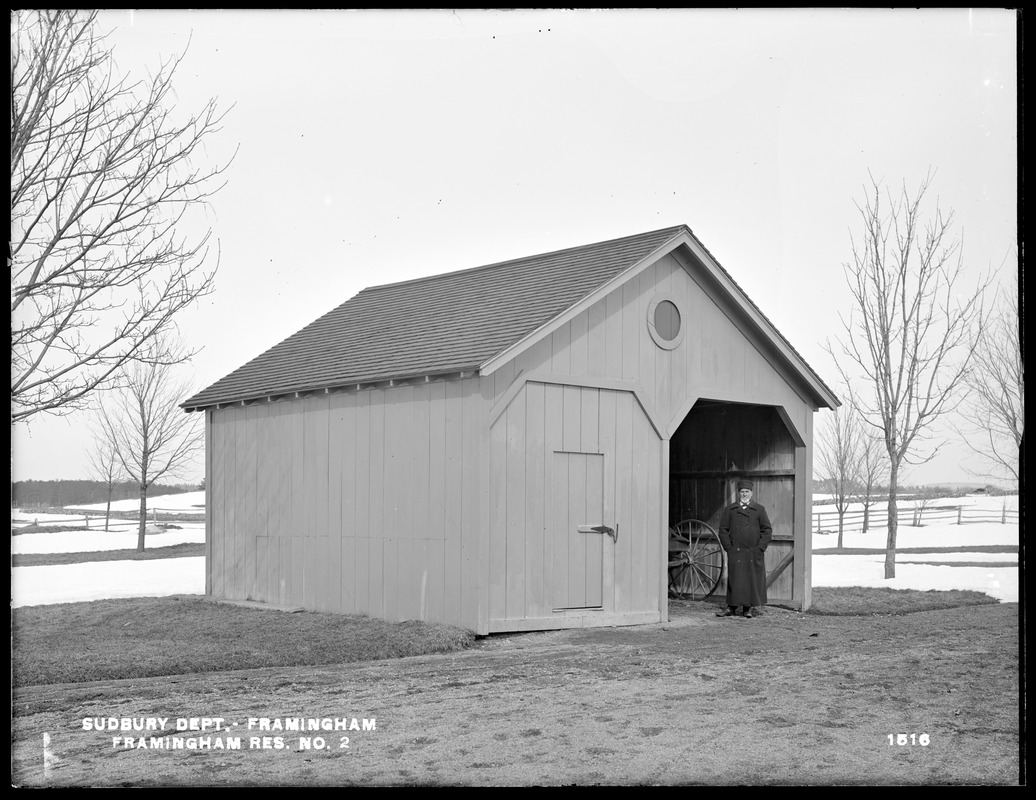 Sudbury Department, horse shed at Framingham Reservoir No. 2, at dam, from the south, Framingham, Mass., Feb. 15, 1898