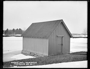 Sudbury Department, boathouse at Framingham Reservoir No. 2, at dam, from the east in driveway, Framingham, Mass., Feb. 15, 1898
