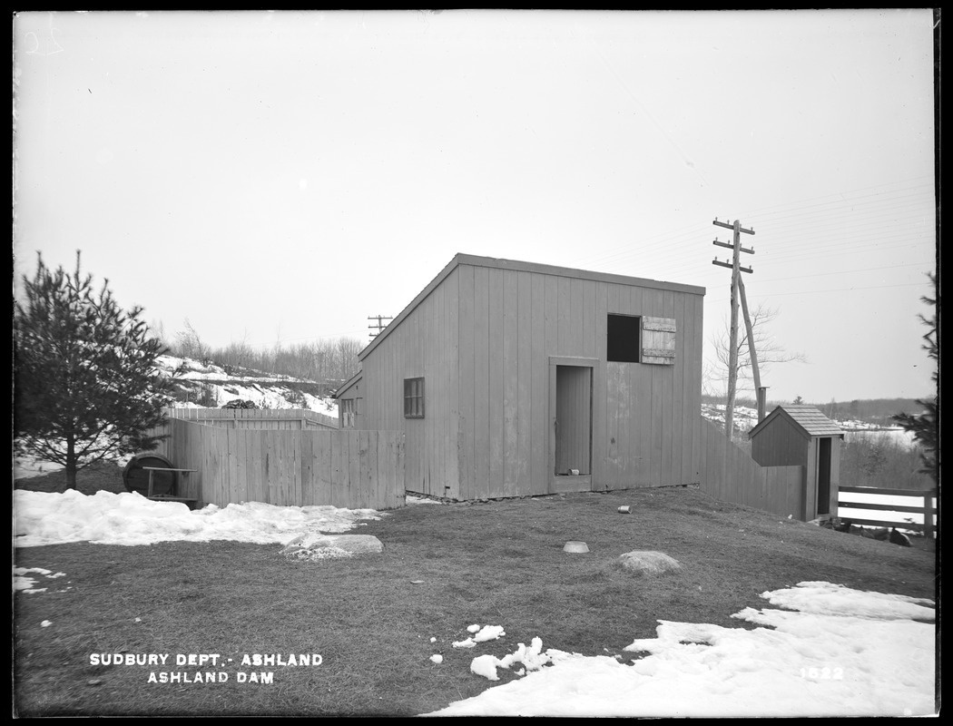 Sudbury Department, outbuildings (shed and henhouse) at attendant's house, Ashland Dam, from south, Ashland, Mass., Feb. 15, 1898