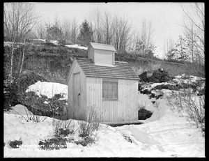 Sudbury Department, gage house near Whitehall Dam, on east side of pond near Dam, from the west on ice, Woodville, Hopkinton, Mass., Feb. 17, 1898