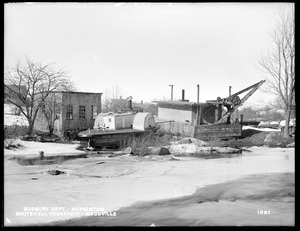 Sudbury Department, Putnam shop, dredge and steamer at Whitehall Dam, on the east side of below Dam, from the south near east end of Dam, Woodville, Hopkinton, Mass., Feb. 17, 1898