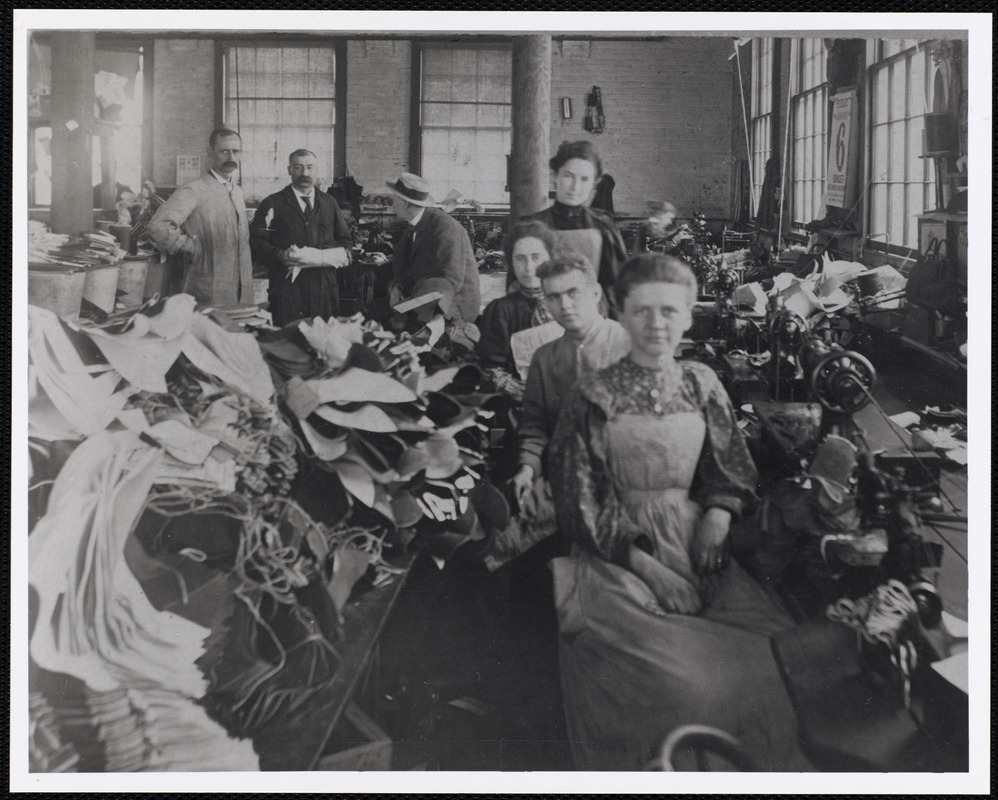Kimball Shoe Co., Blanchard St., interior view of male + female workers, c. 1906, b+w