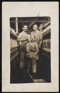 Eli Turneraux (1st on right, arrow pointing) section hand Ayer Mill with two other Ayer Mill employees