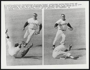 San Francisco Giants' left fielder Harvey Kuenn dives and tumbles to field New York Mets' Ed Kranepool's double to left in 7th inning of 2nd game here 4/25. Backing up Keunn is Giant's' Willie Mays (CF). Veteran Warren Spahn staved off a late inning Giants rally, winning, 5-4. Giants won 1st game, 5-0.