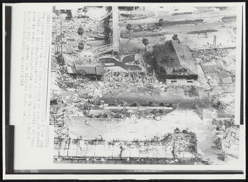 Camille Creates a Vacancy-- The scene above is all that remains of one of the top motels at Biloxi, Miss., after Hurricane Camille passed over it early Monday. Debris blocks Highway 90 at top, mounded high across the divided four-lane road.