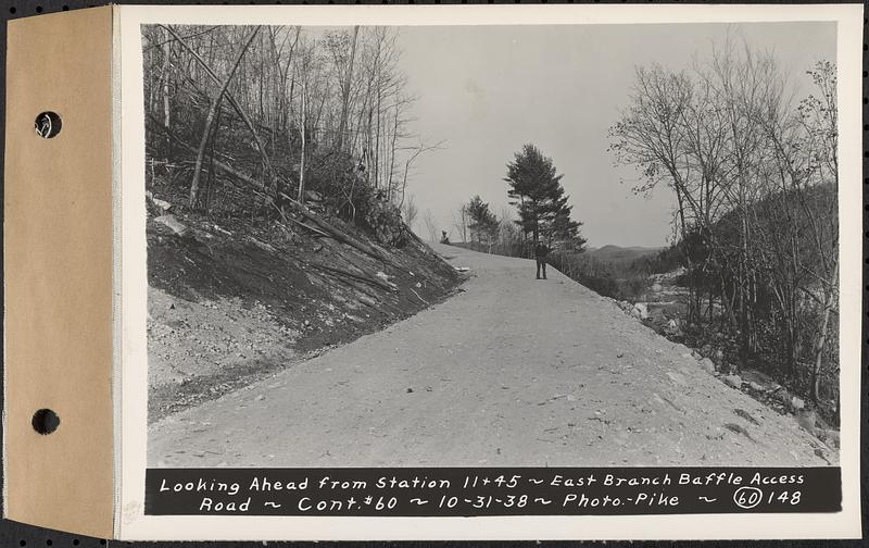 Contract No. 60, Access Roads to Shaft 12, Quabbin Aqueduct, Hardwick and Greenwich, looking ahead from Sta. 11+45, Greenwich and Hardwick, Mass., Oct. 31, 1938