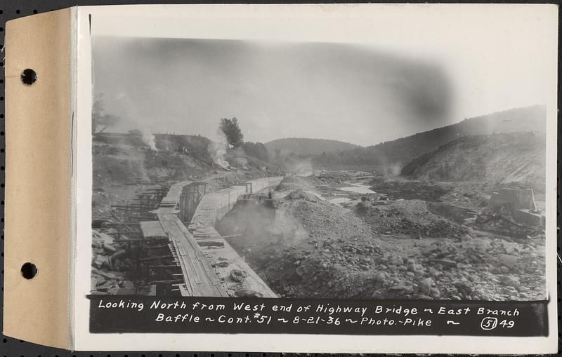 Contract No. 51, East Branch Baffle, Site of Quabbin Reservoir, Greenwich, Hardwick, looking north from west end of highway bridge, east branch baffle, Hardwick, Mass., Aug. 21, 1936