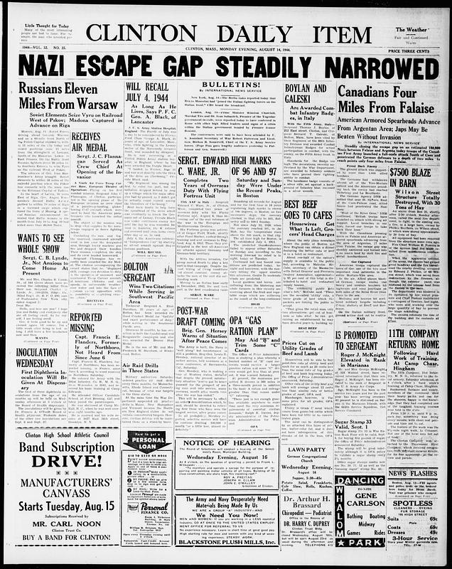 Clinton Daily Item. August 14, 1944 - Digital Commonwealth