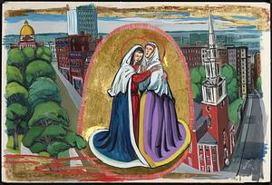 Untitled (Mary and older woman embracing in halo of gold with capitol building in Boston in background)