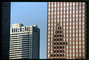 Boston 1997: Reflection of a silhouette of Customs Tower in downtown buildings