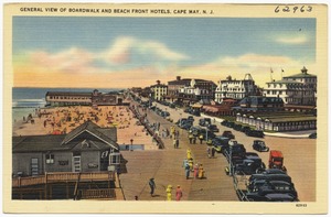 General view of boardwalk and beach front hotels, Cape May, N. J.