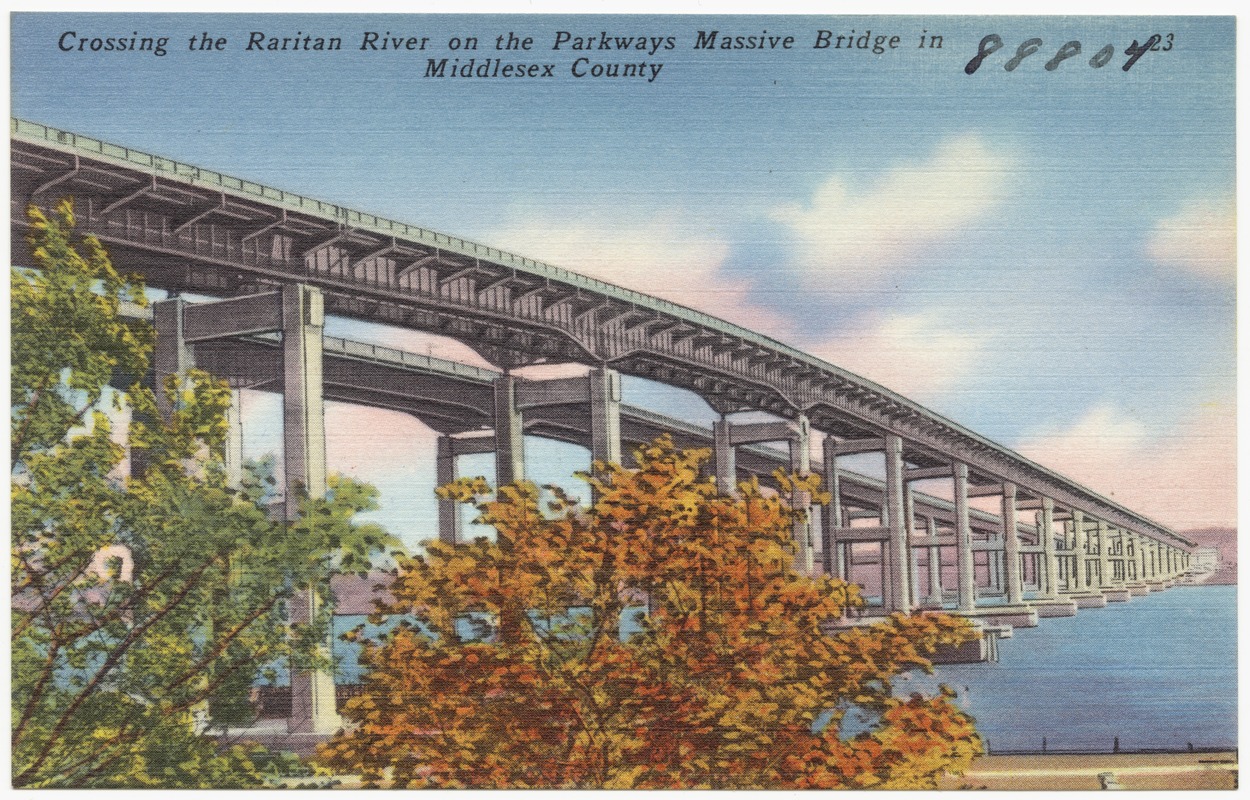 Crossing the Raritan River on the parkways massive bridge in Middlesex County