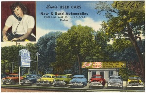 Sue's Used Cars, new & used automobiles, 3400 Live Oak St., TR-7773, Dallas