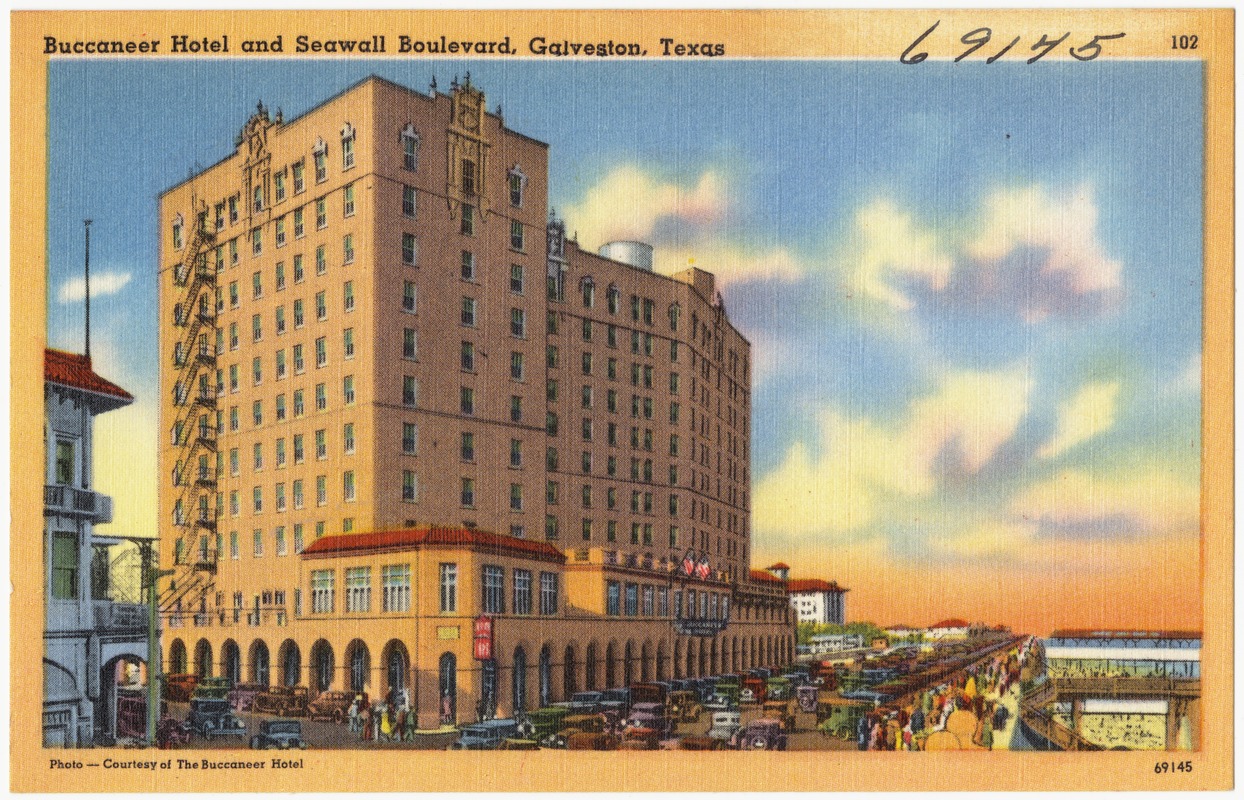 Buccaneer Hotel and Seawall Boulevard, Galveston, Texas