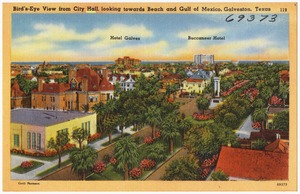 Bird's-eye view from City Hall, looking towards beach and Gulf of Mexico, Galveston, Texas