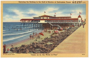 Enjoying the bathing in the Gulf of Mexico, at Galveston, Texas, "Come on in, the water is fine"