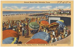 Steward Beach Park, Galveston, Texas, main pavilion dining terrace, boardwalk, beach and gulf
