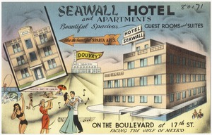 Seawall Hotel and apartments, beautiful spacious guest rooms and suites on the Boulevard at 17th St., facing the Gulf of Mexico