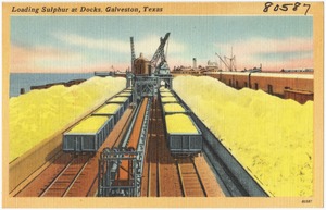 Loading Sulphur at docks, Galveston, Texas