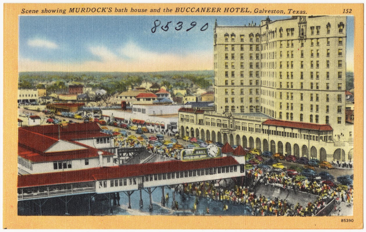 Scene showing Murdock's bath house and the Buccaneer Hotel, Galveston, Texas.
