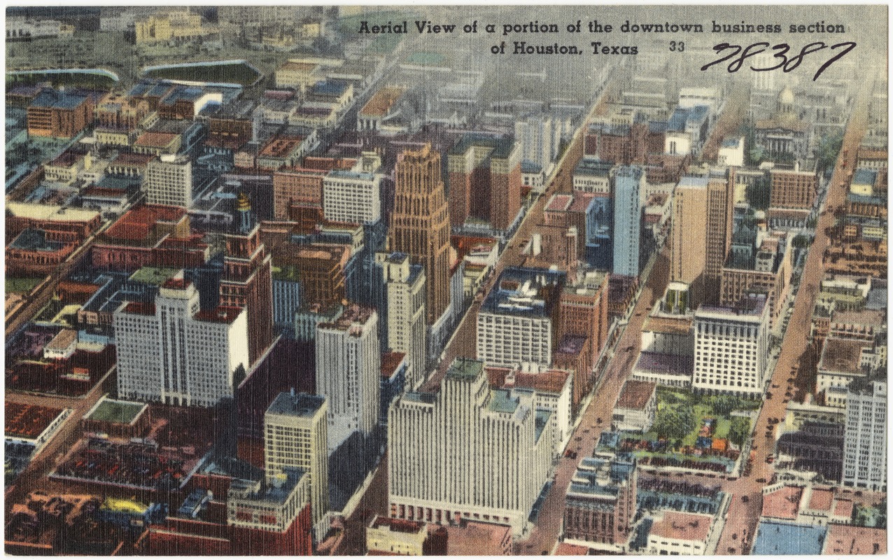 Aerial view of a portion of the downtown business section of Houston, Texas