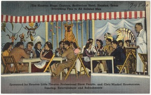 The Houston Stage Canteen, Auditorium Hotel, Houston, Texas. Everything free to all enlisted men, sponsored by Houston Little Theatre, professional show people, and civic minded Houstonians. Dancing, entertainment, and refreshments