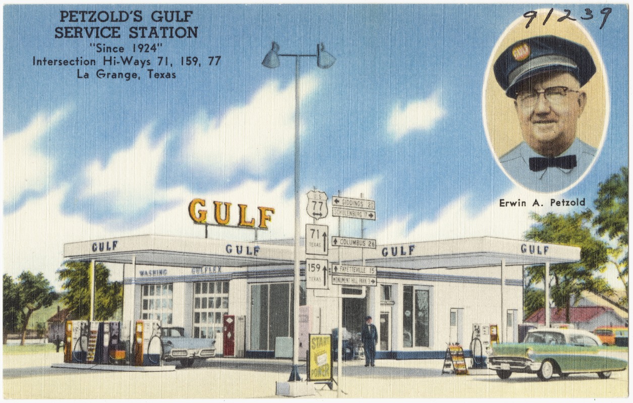 Petzold's Gulf Service Station, "Since 1924", intersection hi-ways 71, 159, 77, La Grange, Texas
