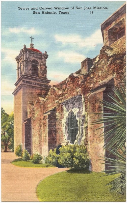 Tower and carved window of San Jose Mission, San Antonio, Texas
