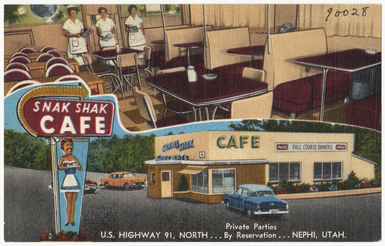 Snak Shak Café, U.S. Highway 91, north... Private parties by reservation... Nephi, Utah