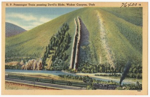 U. P. Passenger Train passing Devil's Slide, Weber Canyon, Utah