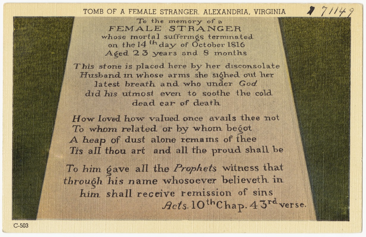 Tomb of a female stranger, Alexandria, Virginia