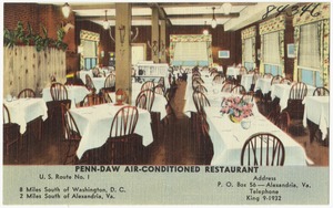 Penn-Daw Air-Conditioned Restaurant, U.S. Route No. 1, 8 miles south of Washington, D. C., 2 miles south of Alexandria, Va.