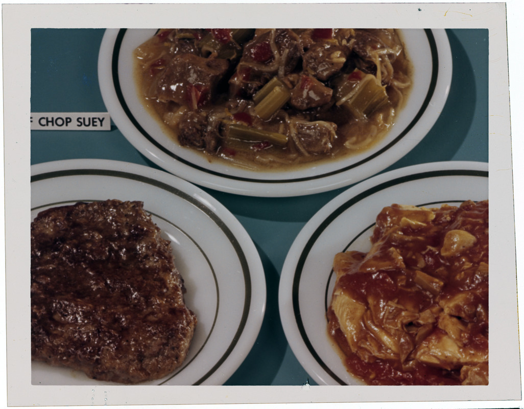 FEL, food, meal, precooked, frozen entrees (pork + beef chop suey, swiss steak, chicken cacciatore)