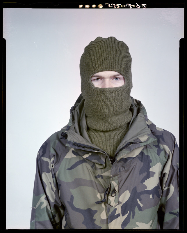 IP knited hood mask, open position