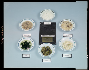 Japanese ration, white rice, wild rice, potato salad, pickles, soup, mackerel & ginger