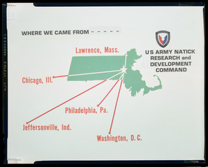 US Army Natick Research and Development Command, where we came from. Lawrence, Mass., Chicago, Ill., Jeffersonville, Ind., Philadelphia, Pa., Washington, D. C.