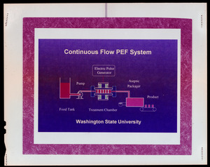 Continuous flow PEF system, Washington State University. Food tank, pump, electric pulse generator, treatment chamber, aseptic packager, product