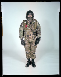 AMEL basic military free fall parachute system on jumper, front view