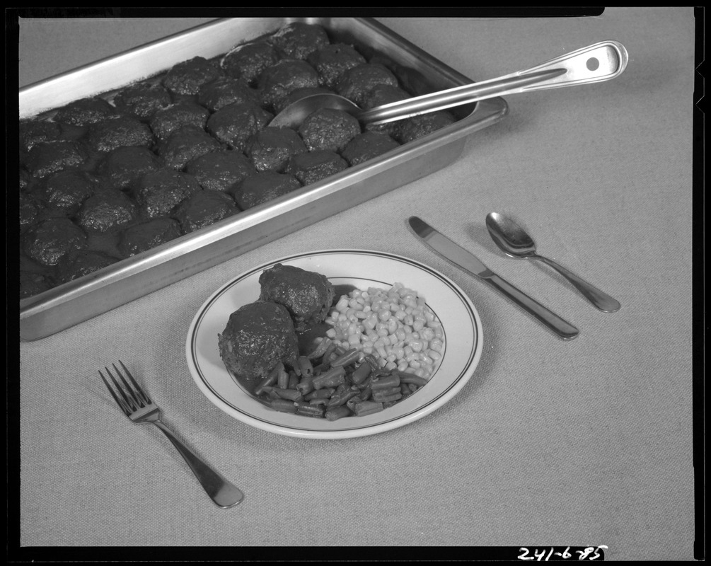Food lab, beef porcupines with green table cloth Digital Commonwealth