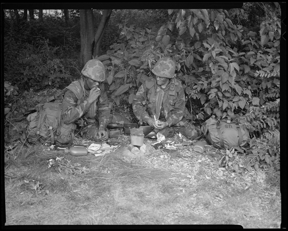 Food lab, new meal, ready to eat, out in field with G.I. opening pack