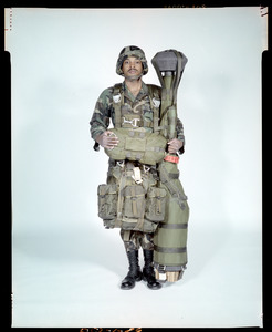 AMEL, soldier rigged with stinger missile, front view