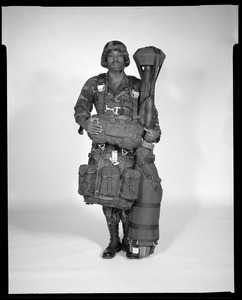 AMEL, soldier rigged with stinger missile, front view
